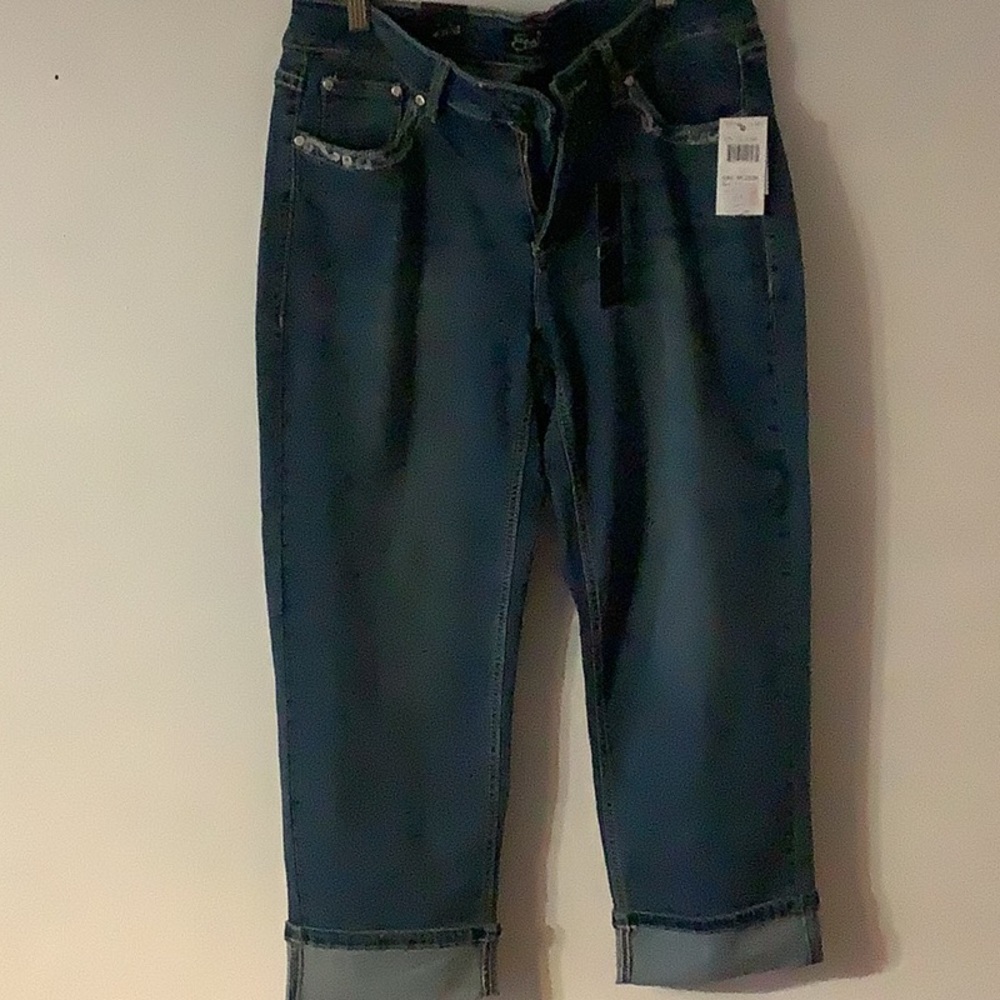 Brand new Earl capri jeans with embroidery and rhinestones